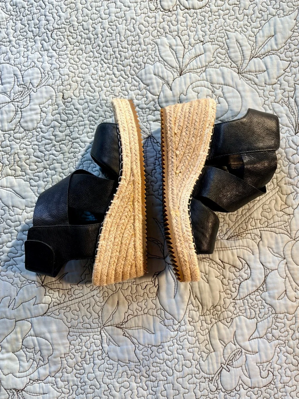 ☀️Eileen Fisher Willow Black Leather Espadrille Wedge Sandals Sz 7.5🧡